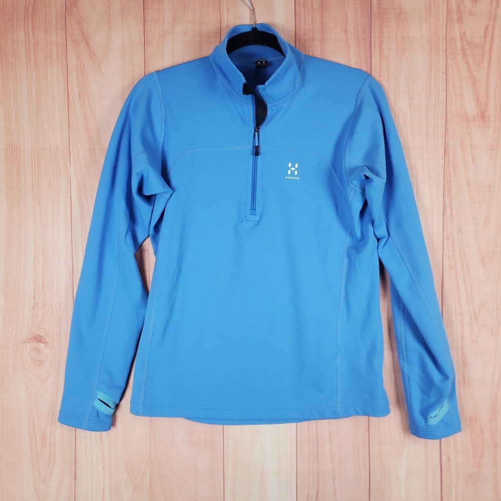 Haglofs Stem II Top Womens‎ Medium Blue Logo Thumbhole Sleeve Mock Neck Half Zip